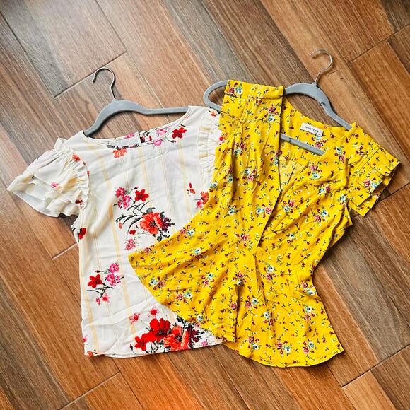 Monteau & Hello Miss Top Bundle, Butter Yellow and Mustard, Rose Prints, Size S - Picture 1 of 8